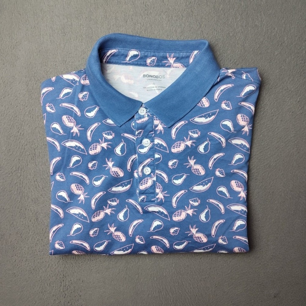 Bonobos Polo Shirt Mens Large Blue Pineapple Print Standard Short Sleeve Taco